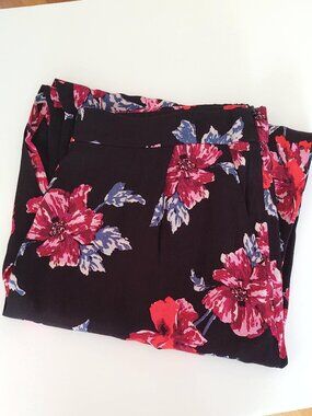 Floral print elastic ankle pants w/side pockets
